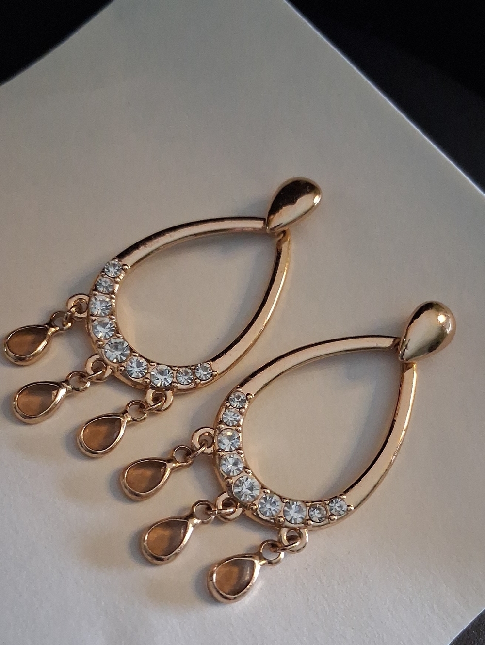 Monet Gold Teardrop Dangle Earrings with Clear Crystals - Picture 1 of 6